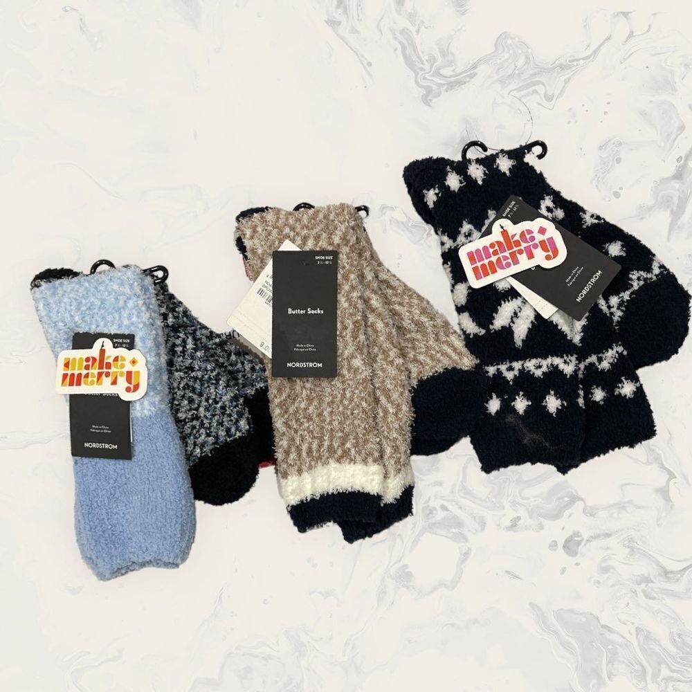 NWT Nordstrom Bundle of Three Crew Butter Socks - Size 7 1/2 - 12 1/2- Blu/ Tan